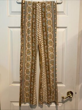 Novella Royale Cream Wide-Leg Boho Stripe Pants with Brown & Blue Accents
